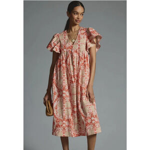 Anthropologie Maeve Printed Flutter Sleeve Dress Size Small Pink Montif NWT